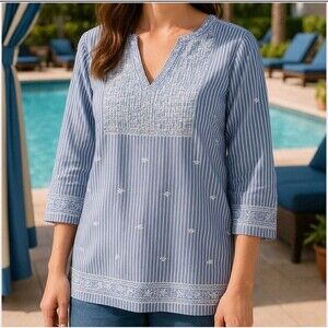 Gretchen Scott Womens Coastal Tunic Top L Blue Embroidered Resort Nautical
